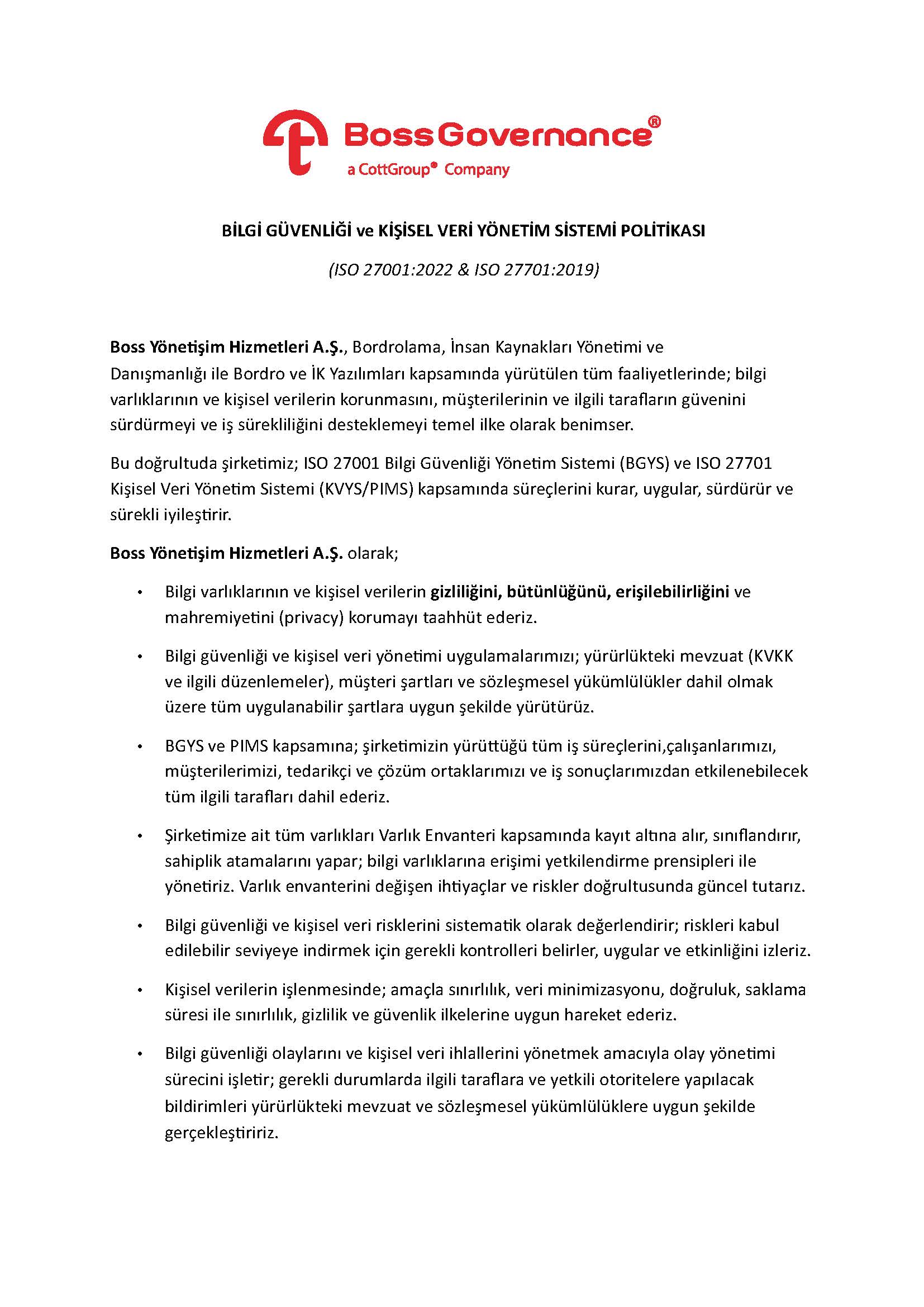 Bilgi Güvenliği ve Kişisel Veri Yönetim Sistemi Politikası